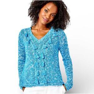 Lilly Pulitzer Kovette Marled Turquoise Tassled Sweater